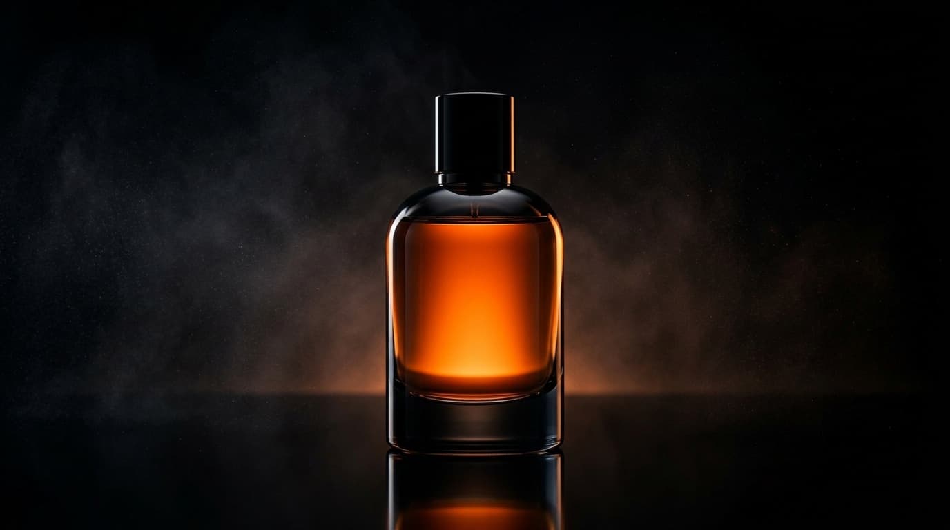Dark glass perfume bottle glowing with amber orange liquid on obsidian surface