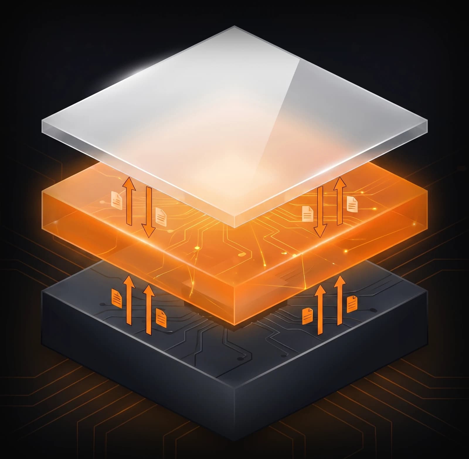 Three stacked layers: a glass sheet of user touchpoints above a glowing orange API gateway, above a dark slab of existing legacy systems, with data flowing in both directions between them.